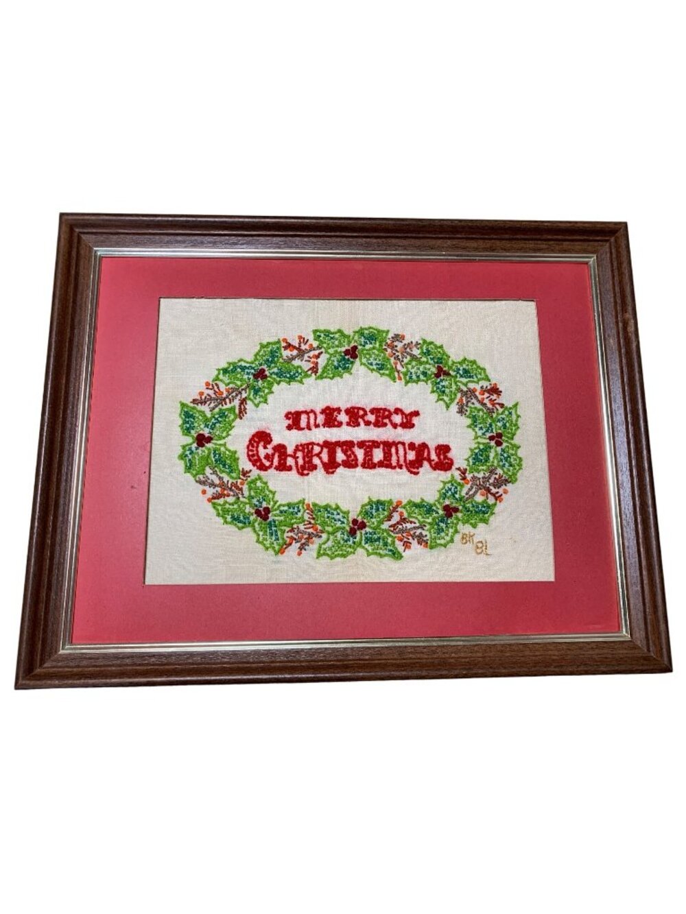 Framed Merry Christmas Cross Stitch Wreath Wall Art 17"x13"